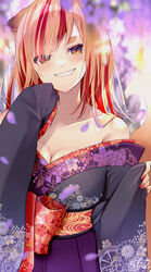  black_kimono blurry blurry_background blurry_foreground blush breasts brown_hair chita_(ketchup) cleavage collarbone commentary_request depth_of_field female floral_print flower genjiguruma grin hakama hakama_skirt hand_up highres japanese_clothes kanoko_(pattern) kimono long_sleeves looking_at_viewer medium_breasts multicolored_hair nail_polish original peony_print pinching_sleeves print_kimono purple_flower purple_hakama red_hair red_nails sakuramon sharp_teeth short_eyebrows skirt sleeves_past_fingers sleeves_past_wrists smile solo streaked_hair teeth thick_eyebrows wide_sleeves wisteria yellow_eyes 