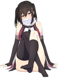  asymmetrical_legwear black_gloves black_hair black_neckerchief black_socks black_thighhighs blush breasts brown_eyes crossed_legs dildo_reveal elbow_gloves feet female female_masturbation fingerless_gloves fishnets gloves hair_between_eyes hair_ornament highres kantai_collection kneehighs masturbation neckerchief no_shoes nose_blush scarf sendai_(kancolle) sendai_kai_ni_(kancolle) simple_background single_kneehigh single_sock single_thighhigh sitting sleeveless socks solo stealth_masturbation takaman_(gaffe) thighhighs two_side_up uneven_legwear white_background white_scarf 