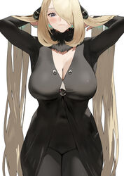  bad_id bad_twitter_id black_dress black_pantyhose blonde_hair blush breasts cleavage covered_navel cynthia_(pokemon) dress female fur_collar grey_eyes hair_ornament hair_over_one_eye ikuchan_kaoru large_breasts long_hair long_sleeves looking_at_viewer pantyhose pokemon pokemon_dppt solo very_long_hair 