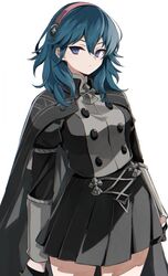  bad_id bad_twitter_id black_gloves black_skirt blue_eyes breasts byleth_(female)_(fire_emblem) byleth_(fire_emblem) cape closed_mouth female fire_emblem fire_emblem:_three_houses freenote_mr garreg_mach_monastery_uniform gloves hair_between_eyes hairband highres long_sleeves medium_breasts medium_hair pleated_skirt simple_background skirt solo uniform white_background 