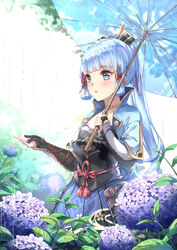  arm_guards armor backlighting blue_hair blue_jacket blue_skirt blue_umbrella blunt_bangs blush breastplate bridal_gauntlets chahei commentary day female flower genshin_impact grey_eyes highres holding holding_umbrella hydrangea jacket kamisato_ayaka kamisato_clan_(emblem) long_hair looking_away mole mole_under_eye open_clothes open_jacket outdoors parted_lips pleated_skirt ponytail purple_flower rain short_sleeves sidelocks skirt solo symbol-only_commentary umbrella very_long_hair 