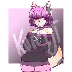  1:1 anthro bangs bare_shoulders breasts calico_cat chest_tuft cleavage clothed clothing collar crazy_guy_(artist) crossed_arms domestic_cat felid feline felis female front_view frown hair looking_aside mammal mottled piebald pupils purple_hair slit_pupils solo spiked_collar spikes translucent translucent_hair tuft watermark 