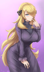  alternate_eye_color blonde_hair blue_eyes breasts closed_mouth commission cosplay cynthia_(pokemon) dress female hair_ornament hair_over_one_eye hex_maniac_(pokemon) hex_maniac_(pokemon)_(cosplay) highres large_breasts long_hair pokemon pokemon_dppt pokemon_xy purple_background purple_dress purple_nails skyde_kei smile solo taut_clothes taut_dress turtleneck v very_long_hair 