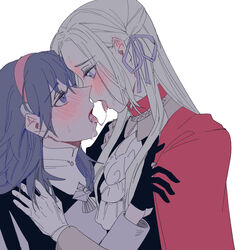  2girls after_kiss bang_gu9 bite_mark blonde_hair blue_eyes blue_gloves blue_hair blue_ribbon blush byleth_(female)_(fire_emblem) byleth_(fire_emblem) commentary_request ear_blush edelgard_von_hresvelg eye_contact fire_emblem fire_emblem:_three_houses gloves hair_ribbon headband korean_commentary looking_at_another multiple_girls red_headband ribbon saliva saliva_trail tongue tongue_out white_gloves yuri 