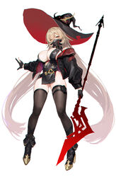  ankle_boots belt black_dress black_footwear black_gloves black_thighhighs blonde_hair boots breasts brown_eyes commentary_request dress female fingernails full_body glaive_(polearm) gloves gold_trim hat highres holding holding_weapon inayama jacket large_breasts long_hair long_sleeves looking_at_viewer mask nail_polish nijisanji nui_sociere nui_sociere_(1st_costume) open_clothes open_jacket partially_fingerless_gloves polearm respirator shiny_clothes shiny_skin short_dress simple_background solo thighhighs thighs virtual_youtuber weapon white_background witch_hat zettai_ryouiki 