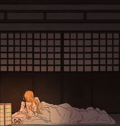  2girls andon_(lighting) blonde_hair brown_hair commentary hakurei_reimu hat hat_ribbon highres huang_gua indoors japanese_clothes kimono kissing lantern long_sleeves mob_cap multiple_girls night no_hair_bow no_hair_ornament paper_lantern red_ribbon ribbon shouji sliding_doors touhou under_covers unworn_hat unworn_headwear white_headwear white_kimono yakumo_yukari yuri 