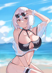  absurdres azur_lane beach bikini black_bikini blurry blurry_background breasts eyewear_on_head female heart heart-shaped_eyewear highres large_breasts looking_at_viewer o-ring o-ring_bikini o-ring_top ocean official_alternate_costume outdoors pink-framed_eyewear scrunchie short_hair sirius_(azur_lane) sirius_(scorching-hot_seirios)_(azur_lane) solo summer sunglasses swimsuit waka_(user_unuj5373) water white_hair white_scrunchie wrist_scrunchie 