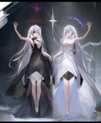  2girls absurdres azur_lane black_dress black_flower black_footwear black_rose black_vs_white blue_eyes breasts closed_mouth commentary contrast dress dual_persona emden_(azur_lane) emden_(white_black_partita)_(azur_lane) flower flower_over_eye full_body hair_ornament highres ka11_ca lock long_hair looking_at_viewer medium_breasts multiple_girls official_alternate_costume padlock padlocked_collar red_eyes red_flower red_rose rose siblings sisters standing very_long_hair white_dress white_flower white_footwear white_hair white_rose 