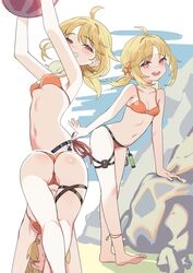  ahoge ass ball barefoot beachball bikini blonde_hair blush breasts commentary female girls&#039;_frontline grin hair_ornament highres lemures long_hair looking_at_viewer multiple_views nagant_revolver_(girls&#039;_frontline) nagant_revolver_(trumpeter_of_the_azure_waves)_(girls&#039;_frontline) navel official_alternate_costume open_mouth orange_bikini red_eyes small_breasts smile star_(symbol) star_hair_ornament swimsuit thigh_strap 