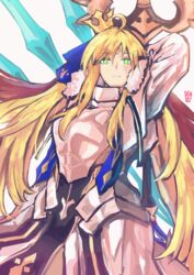  absurdres aged_up ahoge armor artoria_caster_(fate) artoria_pendragon_(fate) blonde_hair blue_ribbon breastplate crown facial_mark fate/grand_order fate_(series) female forehead_mark fur_collar glowing glowing_eyes green_eyes hair_ribbon highres holding holding_staff holding_weapon long_hair looking_at_viewer marmyadose_(fate) ootato ribbon solo staff weapon white_background 