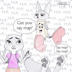  1:1 anthro bottomwear canid canine clothing crossover disney female fennec_fox finnick_(zootopia) fox group hatakeclarissarts inktober inktober_2023 judy_hopps lagomorph leporid male male/female mammal map nick_wilde rabbit red_fox shorts trio true_fox zootopia zootopia_shorts 