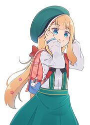  aoi_id backpack bag beret blonde_hair blue_eyes blush bow closed_mouth commentary_request female green_hat green_skirt hair_ornament hairclip hands_up hat highres long_hair long_sleeves millie_adelaide puffy_long_sleeves puffy_sleeves randoseru red_bow rutorifuki shirt skirt sleeves_past_wrists smile solo star_(symbol) star_hair_ornament suspender_skirt suspenders very_long_hair virtual_youtuber white_shirt 