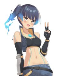  artist_name bare_shoulders belt black_tank_top blue_shorts blush body_markings breasts commentary_request crop_top female fiery_hair medium_hair midriff navel open_mouth ponytail revvie sena_(xenoblade) short_shorts shorts small_breasts solo tank_top v xenoblade_chronicles_(series) xenoblade_chronicles_3 