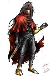  1boy black_hair cloak final_fantasy final_fantasy_vii gauntlets gloves gun headband highres long_hair male_focus messy_hair mhfcolor pale_skin pointed_footwear red_eyes torn_clothes vincent_valentine weapon 