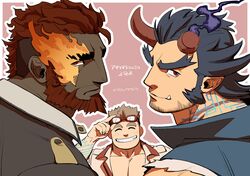  3boys bara beard broken_horn demon_boy demon_horns facial_hair fiery_horns flaming_eye goggles goggles_on_head hephaestus_(housamo) horns kajiya_kurogane kyouta_22 large_pectorals long_sideburns male_focus mature_male multiple_boys muscular muscular_male oerba_yun_fang pectoral_cleavage pectorals short_hair sideburns smile stubble takemaru_(housamo) thick_eyebrows tokyo_afterschool_summoners undercut upper_body 