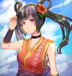  2girls black_choker black_shirt choker commentary_request flower green_hair hair_flower hair_ornament hair_rings hand_up highres indie_virtual_youtuber looking_at_viewer miniskirt multicolored_hair multiple_girls nema_ui parted_lips penguu_(green528) purple_eyes red_flower red_shirt shirt skirt streaked_hair twintails virtual_youtuber 