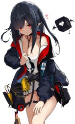  :3 absurdres arknights belt belt_pouch between_breasts black_hair black_jacket breasts cleavage closed_mouth closure_(arknights) clothes_pull commentary_request creature ear_piercing feet_out_of_frame female hand_on_own_thigh heart highres jacket lambda_(arknights) long_hair long_sleeves looking_at_viewer medium_breasts no_bra no_pants off_shoulder okatabu open_clothes open_jacket piercing pointy_ears pouch pulling_own_clothes red_eyes shirt shirt_pull simple_background single_bare_shoulder smug solo_focus standing thigh_strap two_side_up v-shaped_eyebrows white_background white_shirt 