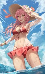  absurdres bad_id bad_twitter_id bikini bikini_skirt blue_sky bracelet breasts brown_eyes cleavage cloud commission day english_commentary female floating_hair flower hair_between_eyes hand_on_headwear hat hat_flower highleg highleg_bikini highres idolmaster idolmaster_cinderella_girls jacket jewelry jougasaki_mika kongsi long_hair looking_at_viewer medium_breasts navel ocean original outdoors pink_hair red_bikini scrunchie see-through see-through_jacket sky smile solo standing straw_hat sun_hat swimsuit teeth underboob upper_teeth_only wading wet wrist_scrunchie 