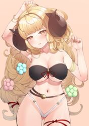  ahoge anila_(granblue_fantasy) arm_up armpits ass_visible_through_thighs bikini blonde_hair blunt_bangs blush breasts cleavage collarbone draph female granblue_fantasy hair_ornament highres horns kourui large_breasts leg_ribbon lips long_hair looking_at_viewer navel parted_lips ribbon sheep_horns short_eyebrows skindentation solo swimsuit thick_eyebrows thigh_ribbon very_long_hair yellow_eyes yellow_nails 