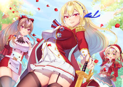  3girls azur_lane belt beret black_garter_straps black_gloves black_skirt blonde_hair blue_ribbon blue_sky breasts brown_thighhighs buttons capelet commentary_request double-breasted dress epaulettes from_below garter_straps gem gloves gold_trim green_eyes green_gemstone hair_ribbon hat highres inamics king_george_v_(azur_lane) light_brown_hair long_hair long_sleeves looking_at_viewer medal medium_breasts miniskirt multiple_girls outdoors petals pleated_skirt purple_eyes red_capelet red_eyes red_headwear ribbon short_dress short_sleeves skirt sky southampton_(azur_lane) swiftsure_(azur_lane) sword thighhighs weapon white_belt white_gloves white_skirt zettai_ryouiki 