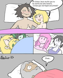  3boys 4girls :| adventure_time adventure_time:_fionna_and_cake afterglow awake awkward bags_under_eyes beard bed_sheet black_hair blank_eyes blonde_hair blush breasts camisole cleavage closed_eyes closed_mouth constricted_pupils couple expressionless facial_hair finn_the_human green_hair grey_shirt half-closed_eyes highres huntress_wizard implied_after_sex lying marceline_abadeer medium_breasts medium_hair messy_hair minerva_campbell multicolored_hair multiple_boys multiple_girls naked_sheet old old_man on_back on_bed parody pillow pink_hair pink_shirt plant_hair princess_bonnibel_bubblegum prismo purple_camisole shirt short_hair simon_petrikov sleeveless sleeveless_shirt solid_oval_eyes spanish_text streaked_hair sweat the_simpsons thecooleralexico translated vampire white_hair wide-eyed worried yuri 