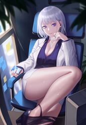  3v_ju absurdres bandaged_neck bandages bare_legs black_panties breasts chair cleavage closed_mouth collarbone earpiece feet_out_of_frame female formal girls&#039;_frontline hand_on_own_cheek hand_on_own_face high_heels highres holding jacket legs looking_at_viewer medium_breasts office office_chair office_lady official_alternate_costume official_style open_clothes open_jacket panties panty_pull parted_lips purple_eyes purple_footwear purple_shirt rpk-16_(girls&#039;_frontline) rpk-16_(renate)_(girls&#039;_frontline) shirt short_hair sitting skirt smile solo suit swivel_chair thighs underwear white_hair white_jacket white_skirt 