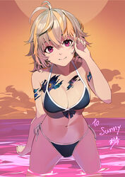  alternate_costume antenna_hair arm_up bikini black_bikini black_bow blonde_hair blush bow bow_bikini breasts brown_background cleavage closed_mouth commission cowboy_shot crossed_bangs evening eyebrows_hidden_by_hair female fingernails grey_hair hair_between_eyes hand_in_own_hair highres ibaraki_shun indie_virtual_youtuber large_breasts leaning_forward long_hair looking_at_viewer multicolored_hair navel orange_background outdoors purple_eyes scar scar_on_arm scar_on_chest scar_on_shoulder side-tie_bikini_bottom signature skeb_commission smile solo space_print split_mouth standing starry_sky_print stomach streaked_hair sunny_splosion swimsuit twirling_hair two-tone_hair virtual_youtuber wading water 