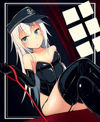  alternate_costume anchor_symbol black_gloves black_leotard black_thighhighs blue_eyes bondage_outfit breasts dominatrix elbow_gloves female flat_cap garter_straps gloves hat hibiki_(kancolle) highres holding holding_leash kantai_collection katsuten latex latex_gloves latex_legwear latex_leotard leash leotard long_hair small_breasts solo strapless strapless_leotard thighhighs white_hair 