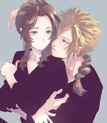  1boy aerith_gainsborough alternate_costume arms_around_waist black_shirt blonde_hair blue_eyes braid braided_ponytail brown_hair cloud_strife couple crossed_arms demi_co female final_fantasy final_fantasy_vii final_fantasy_vii_remake green_eyes grey_background hair_over_shoulder hair_ribbon highres hug hug_from_behind long_hair long_sleeves looking_at_another parted_bangs pink_ribbon ribbon shirt short_hair sidelocks spiked_hair straight upper_body wavy_hair 