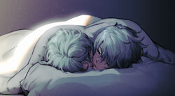  1boy blanket closed_eyes commentary_request female gradient_background green_hair hair_between_eyes highres light looking_at_another lying natto_soup one_eye_closed pandoria_(xenoblade) pillow purple_background short_hair sleeping straight under_covers xenoblade_chronicles_(series) xenoblade_chronicles_2 zeke_von_genbu_(xenoblade) 