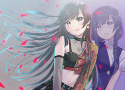  2girls asymmetrical_sleeves bad_id bad_pixiv_id black_hair blush breasts commentary_request dive!_(love_live!) dual_persona epaulettes glasses gradient_background grey_eyes long_hair looking_at_viewer love_live! love_live!_nijigasaki_high_school_idol_club medium_breasts multiple_girls nakagawa_nana netsuka parted_lips short_sleeves single_bare_shoulder smile yuki_setsuna_(love_live!) 