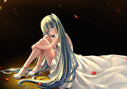  aqua_eyes aqua_hair bad_id bad_pixiv_id chinese_commentary commentary dress female hair_between_eyes hatsune_miku high_heels highres hugging_own_legs long_hair looking_at_viewer looking_to_the_side petals shoes sitting solo twintails very_long_hair vocaloid white_dress white_footwear yuye 