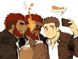  3boys bara beard blush cup disposable_cup facial_hair flaming_eye from_side gakuran group_picture hephaestus_(housamo) holding holding_phone kyouta_22 male_focus mature_male multiple_boys muscular muscular_male pectoral_cleavage pectorals phone protagonist_3_(housamo) red_hair school_uniform short_hair sideburns smile talos_(housamo) tokyo_afterschool_summoners translated undercut upper_body yaoi 