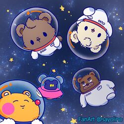  1:1 2023 anthro astronaut bear brown_body brown_fur closed_eyes dot_eyes drip_(kumalino) fur group kemono kumalino kumamilen male mammal outside roast_(kumalino) sanrio sayolino space spacecraft spacesuit star syrup_(kumalino) vehicle white_body white_fur 