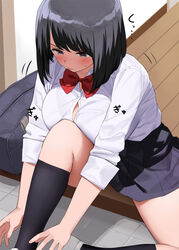  :/ bag black_hair black_skirt blush bow bowtie bra_visible_through_clothes breast_press breasts button_gap closed_mouth collared_shirt commentary_request female grey_eyes inconvenient_breasts kaisen_chuui kneehighs large_breasts original pleated_skirt putting_on_shoes red_bow red_bowtie school_bag school_uniform shirt short_hair sitting skirt socks solo speech_bubble sweatdrop tile_floor tiles white_footwear white_shirt 