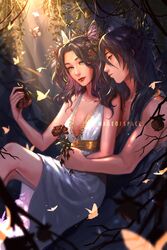  1boy artist_name bare_arms black_hair black_tunic blurry blurry_foreground breasts bug butterfly butterfly_hair_ornament cleavage couple dress feet_out_of_frame female flower food fruit hair_between_eyes hair_ornament highres holding holding_flower holding_food holding_fruit kimetsu_no_yaiba kochou_shinobu long_hair looking_at_another mageofspace medium_breasts multicolored_hair outdoors parted_bangs pomegranate purple_hair red_flower red_lips red_rose rose sidelocks sitting straight tomioka_giyuu toned toned_male two-tone_hair wavy_hair white_dress 