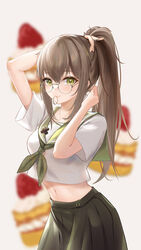  absurdres arm_up blurry blurry_background brown_hair cake chinese_commentary crop_top crop_top_overhang dated female food glasses green_eyes green_neckerchief green_sailor_collar green_skirt hair_between_eyes hair_tie_in_mouth hand_up highres holding holding_own_hair liu_liaoliao long_hair looking_at_viewer midriff mouth_hold navel neckerchief original pleated_skirt ponytail sailor_collar school_uniform serafuku shirt short_sleeves sidelocks signature skirt solo tying_hair white_shirt 