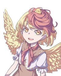  :d absurdres animal_on_head bird bird_on_head bird_wings blonde_hair chick commentary dress eyebrows_hidden_by_hair feathered_wings female highres kame_(kamepan44231) looking_at_viewer multicolored_hair niwatari_kutaka on_head one-hour_drawing_challenge open_mouth orange_dress red_hair red_neckwear short_hair short_sleeves simple_background smile solo touhou two-tone_hair upper_body white_background wings yellow_eyes yellow_wings 