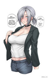  absurdres aqua_eyes artist_name black_choker blazer blush breasts casual choker cleavage collarbone cropped_legs denim english_text female girls&#039;_frontline green_jacket grey_hair highres jacket jeans long_hair looking_at_viewer matsu_arts medium_breasts mg5_(girls&#039;_frontline) open_clothes open_jacket pants shirt short_hair solo speech_bubble standing twitter_username upper_body white_shirt 