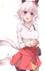  :d animal_ears bag blush bow breasts brown_pantyhose commentary_request curren_chan_(umamusume) ear_bow female grey_hair hair_between_eyes highres horse_ears horse_girl horse_tail long_sleeves looking_at_viewer medium_breasts open_mouth pantyhose pleated_skirt purple_eyes red_bow red_skirt rinrin_(927413) see-through see-through_sleeves shirt short_hair shoulder_bag skirt sleeves_past_wrists smile solo steepled_fingers tail umamusume white_shirt 