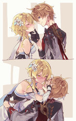  1boy black_gloves black_scarf blonde_hair blush breasts closed_eyes closed_mouth commentary_request detached_sleeves dress earrings female flower gameyaruzaurus genshin_impact gloves hair_between_eyes hair_flower hair_ornament hand_on_another&#039;s_chin highres imminent_kiss jacket jewelry lumine_(genshin_impact) medium_breasts nose_blush open_mouth orange_hair partially_fingerless_gloves scarf short_hair_with_long_locks single_earring smile straight sweat tartaglia_(genshin_impact) white_dress white_flower yellow_eyes 