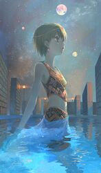  bikini bookshelf brown_eyes brown_hair circlet earrings female highres jewelry lamppost library moon multiple_moons night night_sky original outdoors pool reflection sarong sky solo star_(sky) starry_sky surreal swimsuit tokunaga_akimasa wading 