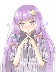  :o arnest blue_bow blunt_bangs blush bow commentary_request crescent crescent_hair_ornament female hair_ornament highres long_hair looking_at_viewer no_headwear open_mouth patchouli_knowledge purple_eyes purple_hair simple_background solo star_(symbol) touhou upper_body white_background x_fingers 