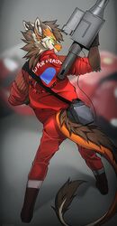  akira_(film) angiewolf anthro bottomwear clothing cosplay deggy gloves gun handwear jacket looking_back mammal motorcycle pants ranged_weapon red_bottomwear red_clothing red_topwear solo text text_on_clothing text_on_jacket text_on_topwear topwear vehicle weapon 