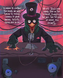  ambiguous_gender anthro avian beak bird camera clothing dialogue don&#039;t_hug_me_i&#039;m_scared duck_guy_(dhmis) feathers furniture green_body green_feathers hat headgear headwear hi_res key microphone open_mouth paper solo suit table tendonart toothed_beak top_hat wakey_wakey_pilot wire 