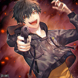  1boy aiming aiming_at_viewer black_hair character_request commentary_request dairoku_ryouhei evil_smile eyeshadow gun handgun holding holding_gun holding_weapon hood hood_down hoodie looking_at_viewer makeup male_focus mole mole_under_eye oerba_yun_fang official_art penguu_(green528) short_hair smile weapon yellow_eyes 