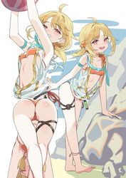  ahoge ass ball barefoot beachball bikini blonde_hair blush breasts commentary female girls&#039;_frontline grin hair_ornament highres jacket lemures long_hair looking_at_viewer multiple_views nagant_revolver_(girls&#039;_frontline) nagant_revolver_(trumpeter_of_the_azure_waves)_(girls&#039;_frontline) navel official_alternate_costume open_mouth orange_bikini red_eyes see-through see-through_jacket sleeveless sleeveless_jacket small_breasts smile star_(symbol) star_hair_ornament swimsuit thigh_strap 