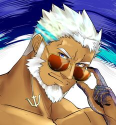  1boy absurdres aegir_(housamo) anchor_earrings aqua_hair bara beard blue_eyes close-up dark-skinned_male dark_skin earrings facial_hair fish_boy highres jewelry kouyas_125 male_focus mature_male multicolored_hair muscular muscular_male portrait short_hair sideburns single_earring solo streaked_hair tokyo_afterschool_summoners white_hair 