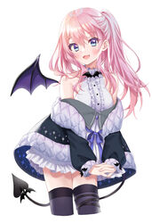  :d bare_shoulders black_jacket black_thighhighs blue_bow blue_eyes blush bow center_frills chobi_(penguin_paradise) commentary_request cropped_legs demon_girl demon_tail demon_wings female frilled_skirt frills hair_between_eyes harumi_sakurai_(kazane) highres indie_virtual_youtuber interlocked_fingers jacket long_hair long_sleeves looking_at_viewer off_shoulder one_side_up open_clothes open_jacket own_hands_together pink_hair puffy_long_sleeves puffy_sleeves purple_wings shirt simple_background single_wing skirt sleeves_past_wrists smile solo tail thighhighs virtual_youtuber white_background white_shirt wings 