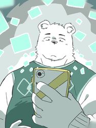  2021 3:4 anthro bear black_nose cellphone clothing electronics fur hi_res humanoid_hands kemono male mammal nekodon_san overweight overweight_anthro overweight_male phone polar_bear smartphone solo sweater topwear ursine white_body white_fur 